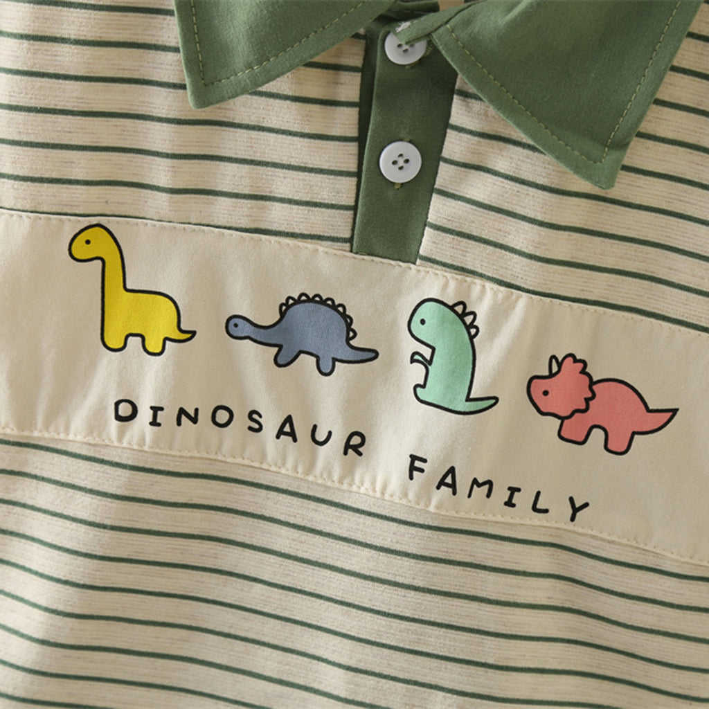 Boys Green Dinosaur Striped Polo T-shirt with Shorts Set Sets