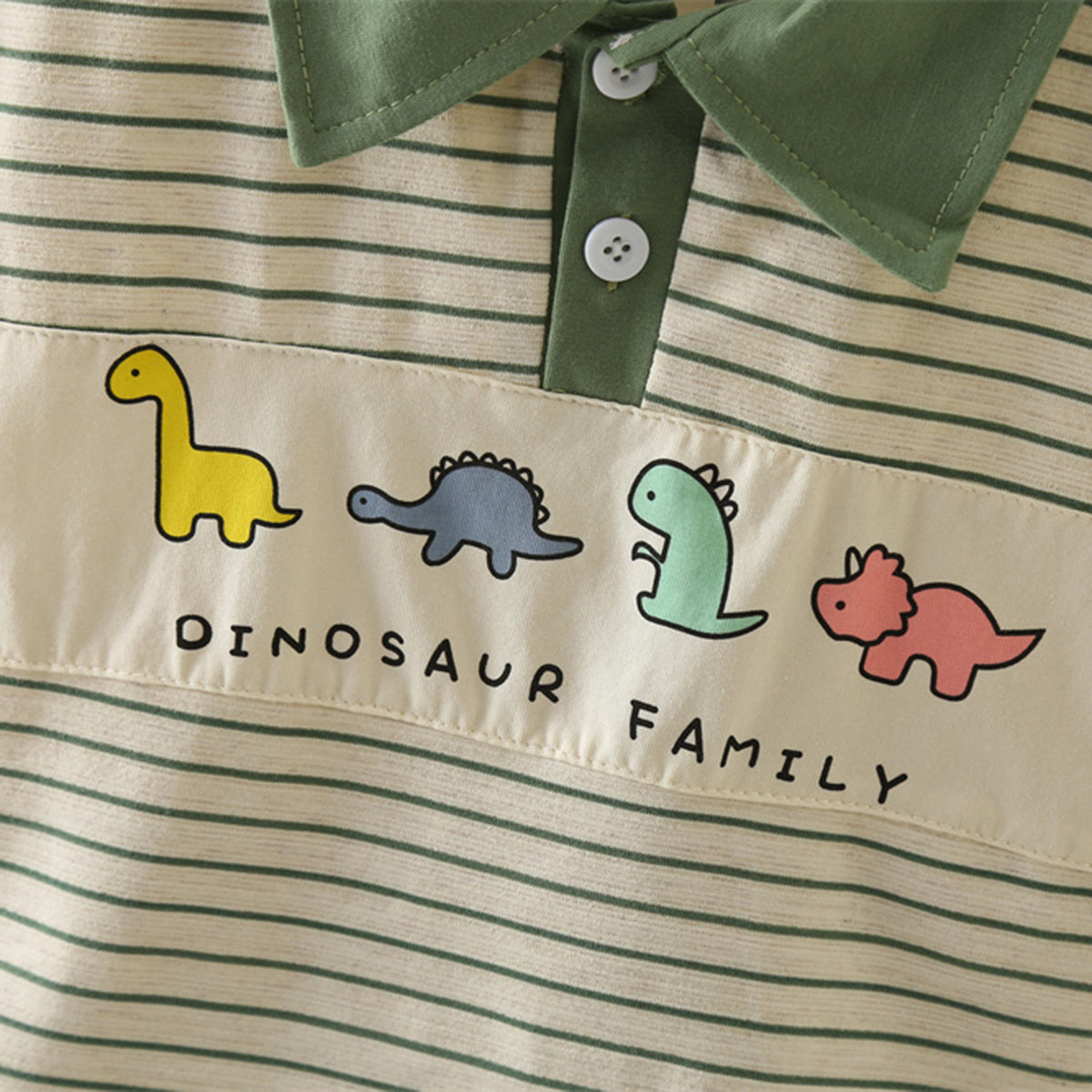 Boys Green Dinosaur Striped Polo T-shirt with Shorts Set Sets