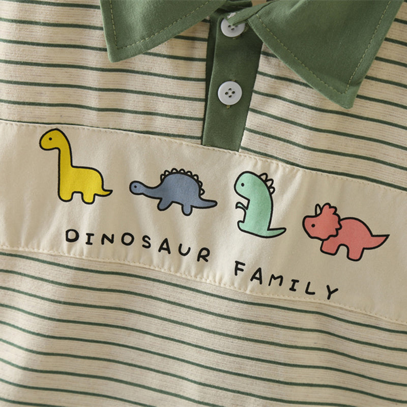 Boys Green Dinosaur Striped Polo T-shirt with Shorts Set Sets