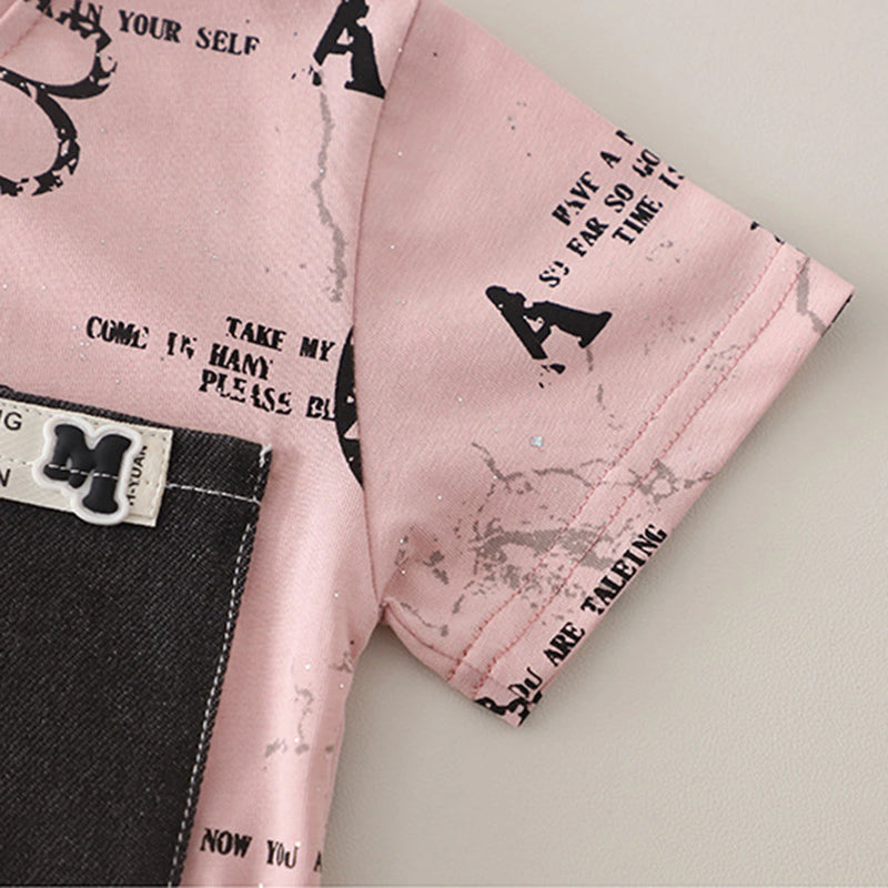 Boys Pink Typographic Printed Short Sleeve T-Shirt With Denim Shorts Sets 2 pc. Sets