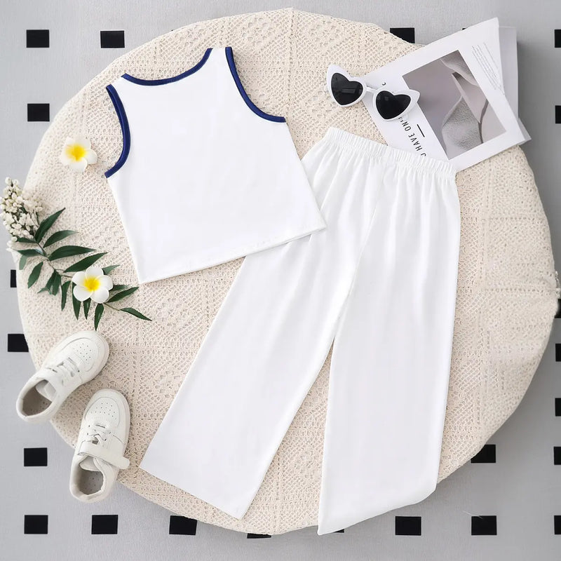 Girls Off White Typography Print Sleeveless Top With Pants Summer Sets Sets