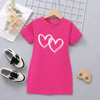 Girls Fuchsia Heart Print Short Sleeve T-Shirt Dress Casual Dresses Fuchsia 4-5 Y