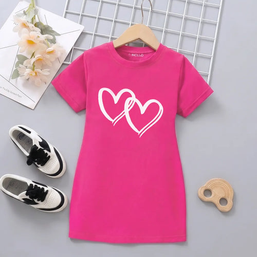 Girls Fuchsia Heart Print Short Sleeve T-Shirt Dress Casual Dresses Fuchsia 4-5 Y