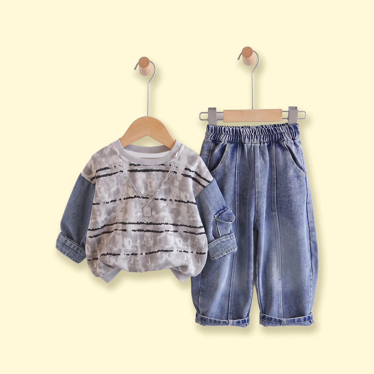 Boys Grey Striped Sweatshirt With Denim Pants Sets 2 pc. Sets Grey 1-2 Y