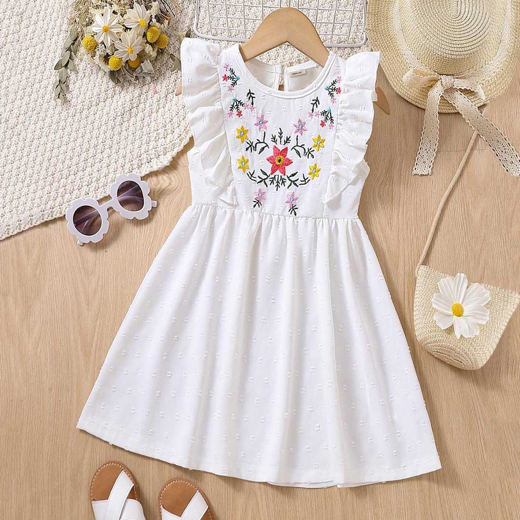 Girls Swiss Dot Floral Embroidery Fit & Flare Dress