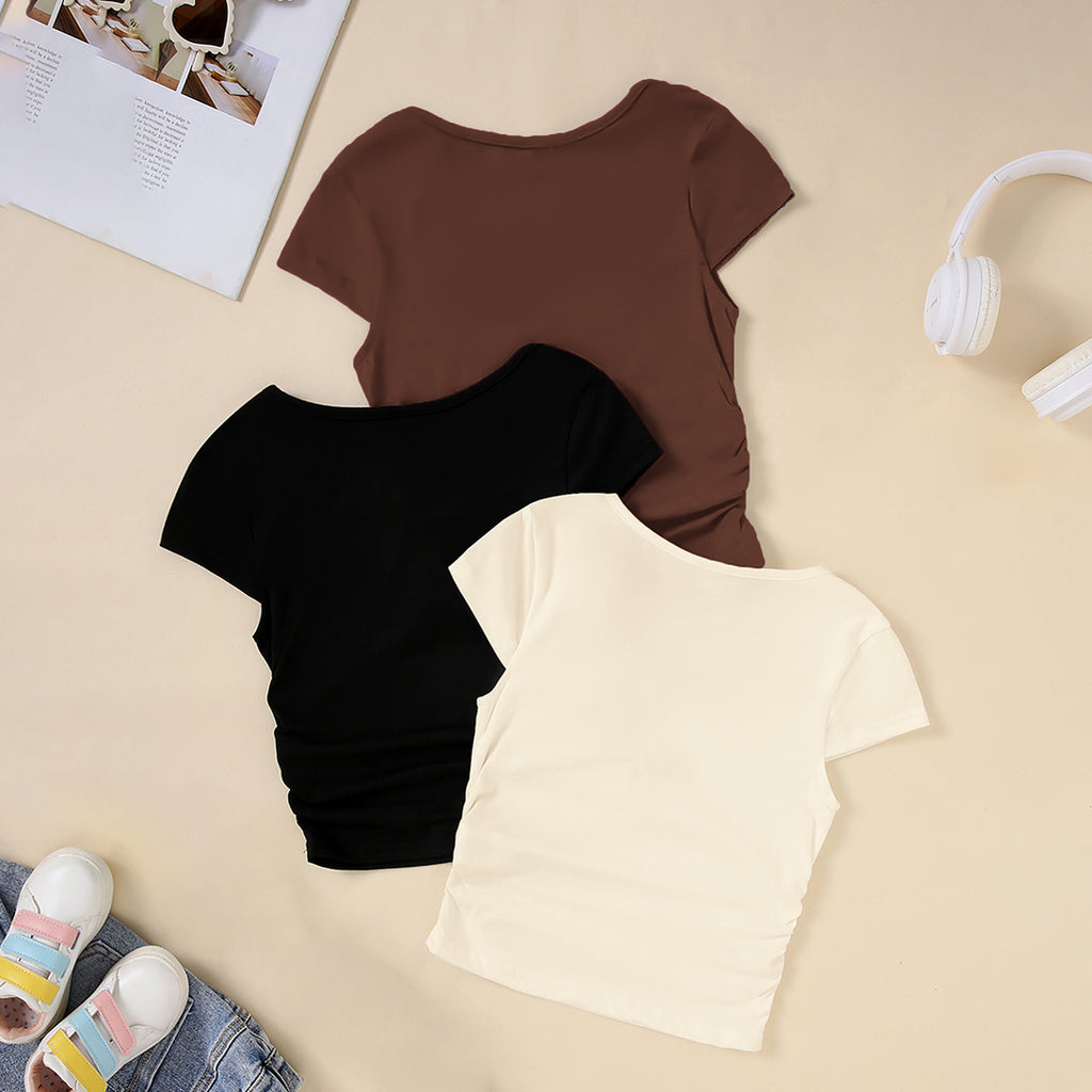 Girls Brown Short Sleeve Round Neck Top ( Pack Of 3) Value Packs