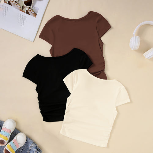 Girls Brown Short Sleeve Round Neck Top ( Pack Of 3) Value Packs