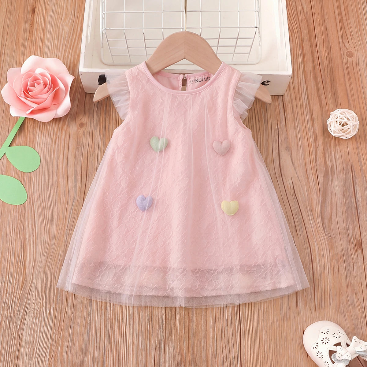 Girls Pink Heart Applique Flutter Sleeve A-Line Dress Casual Dresses Pink 1-2 Y