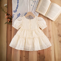 Girls Cream Bow Applique Puff Sleeve Tiered Dress Casual Dresses