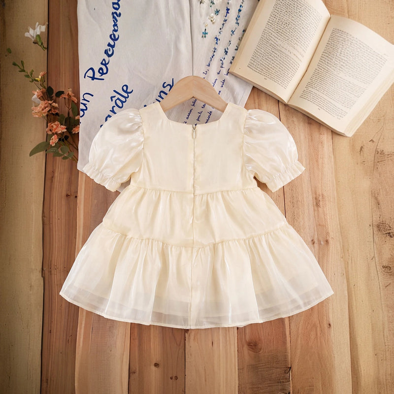Girls Cream Bow Applique Puff Sleeve Tiered Dress Casual Dresses