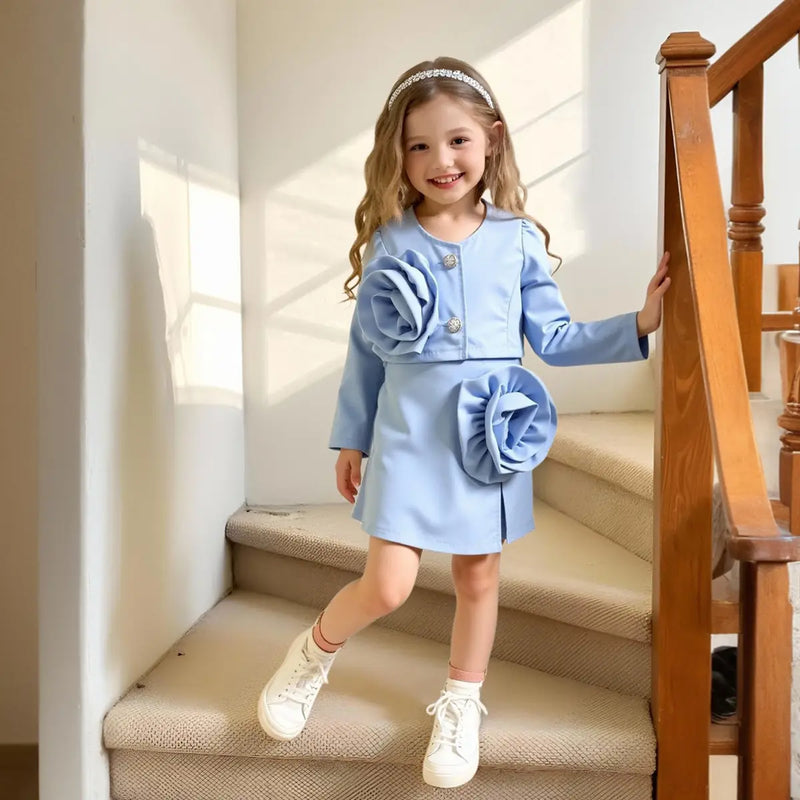 Girls Light Blue Large Flower Applique Long Sleeves Top With Skorts Set Sets