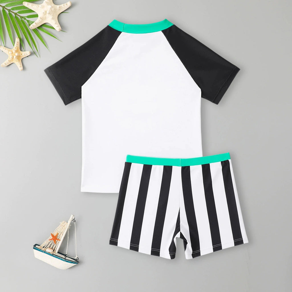 Boys White Pumpkin Cartoon Printed T-Shirt With Stripe Shorts Swimwear Sets Sets