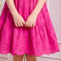 Girls Fuchsia Schiffli Embroidered Puff Sleeve Tiered Dress Casual Dresses