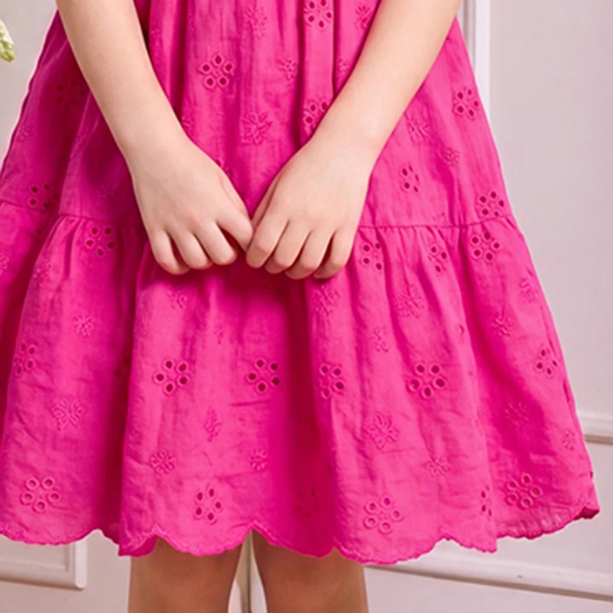 Girls Fuchsia Schiffli Embroidered Puff Sleeve Tiered Dress Casual Dresses