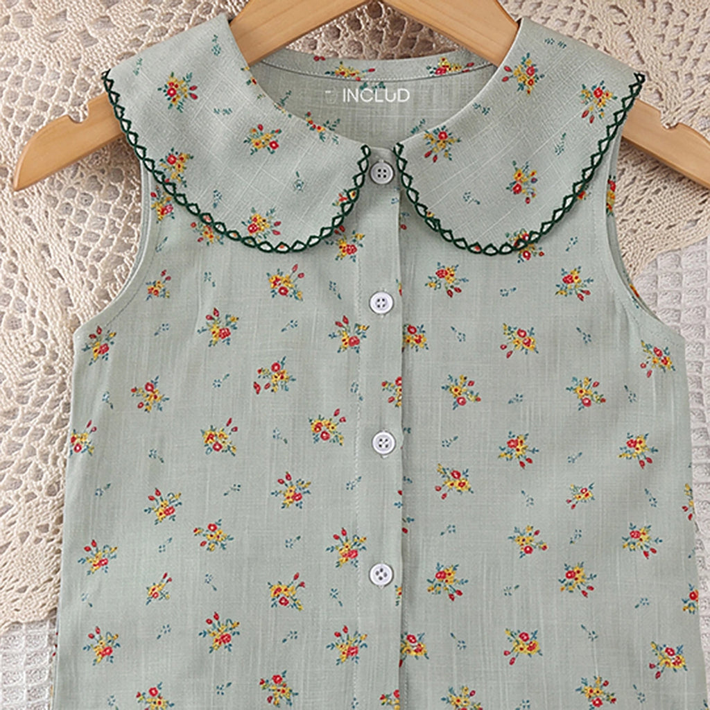 Girls Green Floral Print Peter Pan Collar Top With Shorts Sets 2 pc. Sets