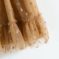 Girls Khaki Heart Print A-line Dress With Ruffle Hem Casual Dresses