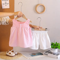 Girls Light Pink Gingham Checked Sleeveless Top With Short Sets Sets