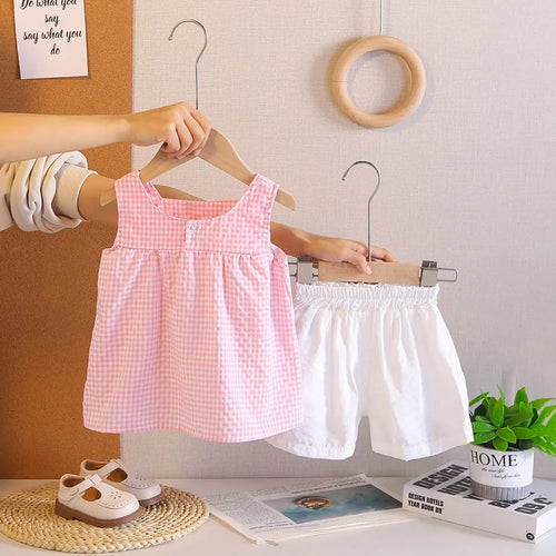 Girls Light Pink Gingham Checked Sleeveless Top With Short Sets Sets