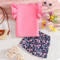 Girls Pink Graphic Round Neck Top With Printed Shorts Set 2 pc. Sets