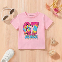Girls Pink Alphanumeric Print Short Sleeve T-Shirt Tshirts Pink 2-3 Y