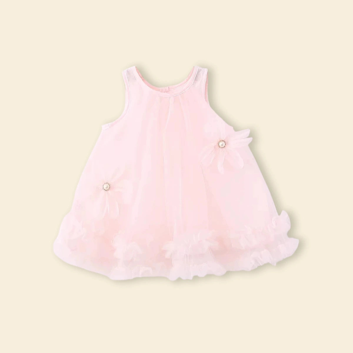 Girls Light Pink Flower Applique Tulle Overlay Sleeveless A-line Dress Casual Dresses