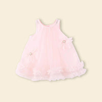 Girls Light Pink Flower Applique Tulle Overlay Sleeveless A-line Dress Casual Dresses