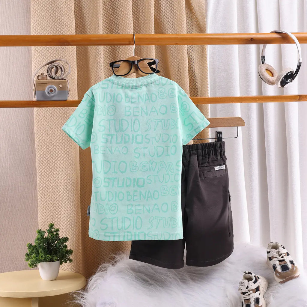 Boys Green Typographic Printed T-Shirt With Twill Shorts Sets 2 pc. Sets