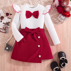 Girls White Textured Long Sleeve Top With Skirt Sets 2 pc. Sets White 3-4 Y