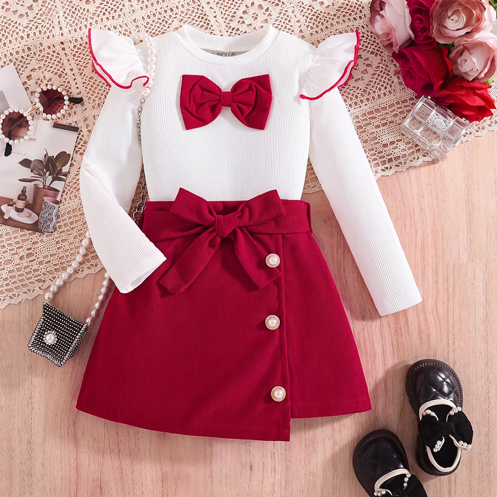 Girls White Textured Long Sleeve Top With Skirt Sets 2 pc. Sets White 3-4 Y
