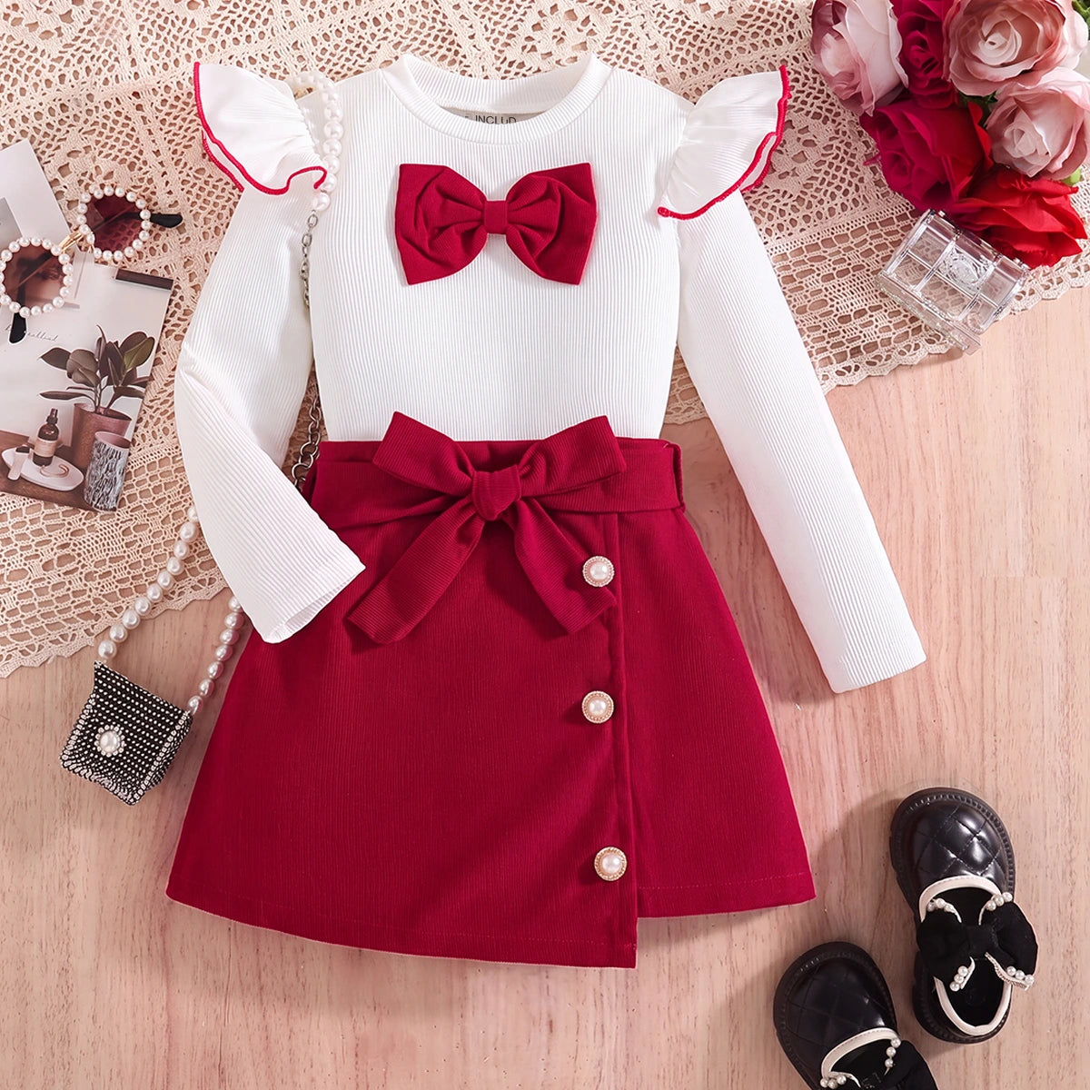 Girls White Textured Long Sleeve Top With Skirt Sets 2 pc. Sets White 3-4 Y