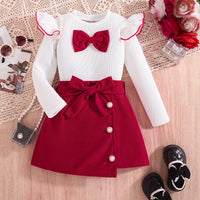 Girls White Textured Long Sleeve Top With Skirt Sets 2 pc. Sets White 3-4 Y