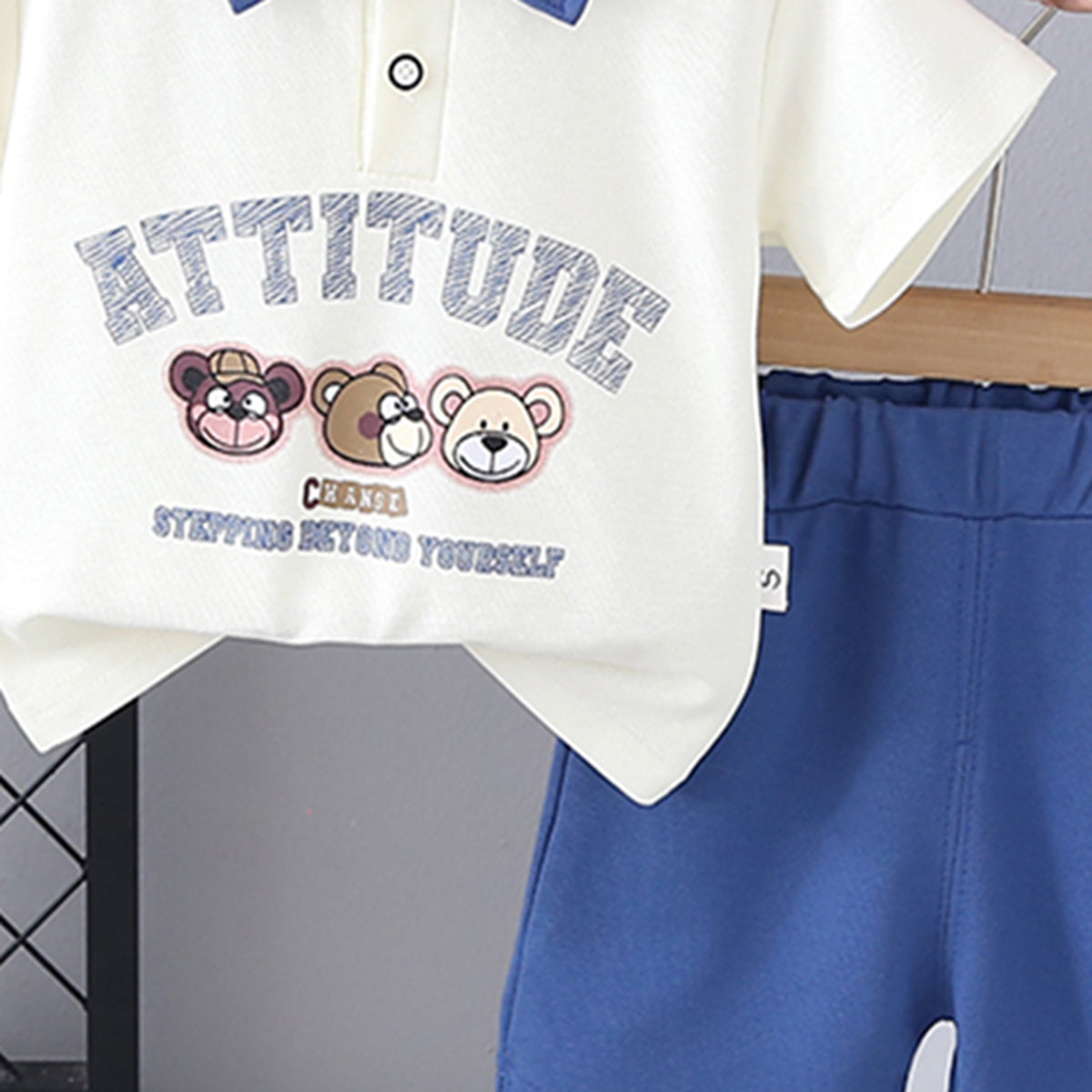 Boys Printed Contrast Collared Polo T-Shirt With Blue Shorts Set 2 pc. Sets