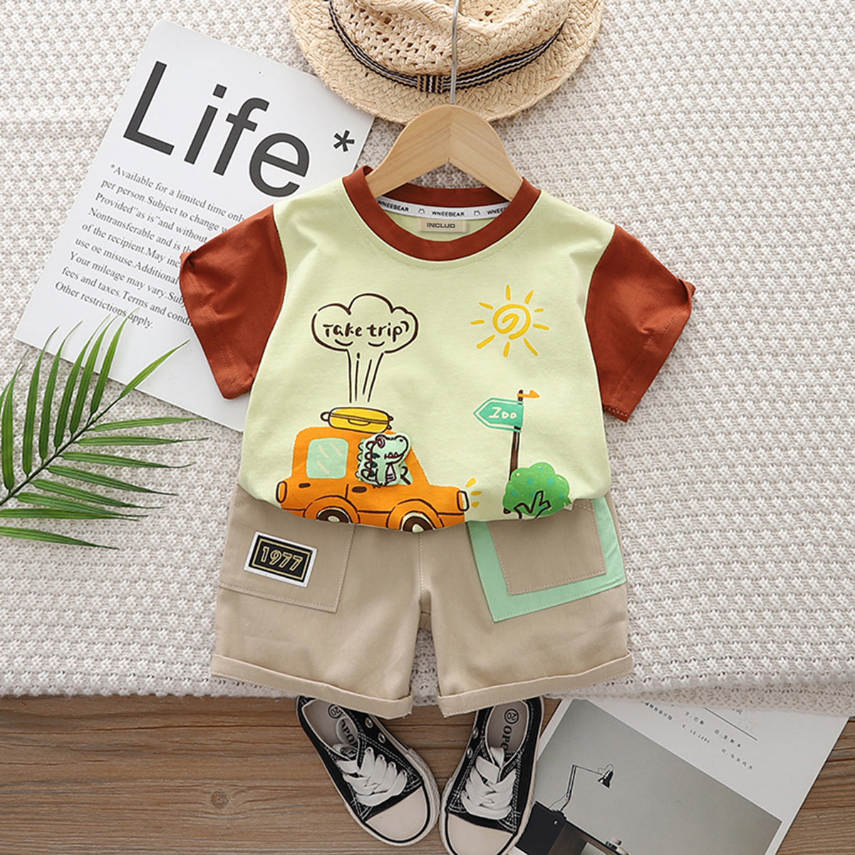 Boys Yellow Car Print Short Sleeve T-Shirt With Elasticated Shorts Set 2 pc. Sets Yellow 1-2 Y