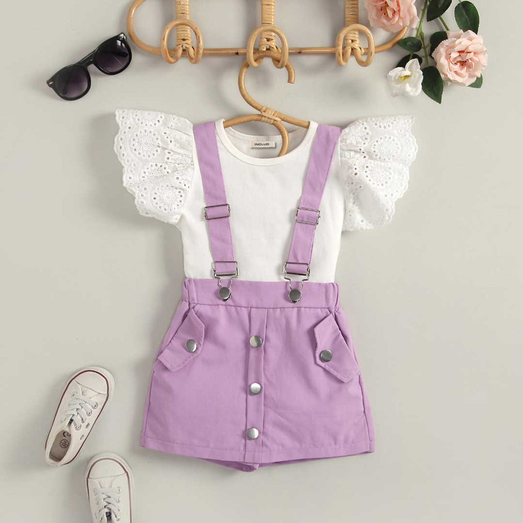Girls Lace Cap Sleeve Top With Suspender Shorts Sets