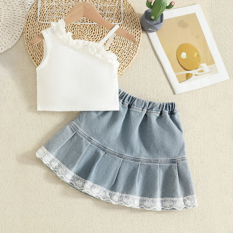 Girls White Ruffles One Shoulder Top With Pleated Denim Skirts Set Sets