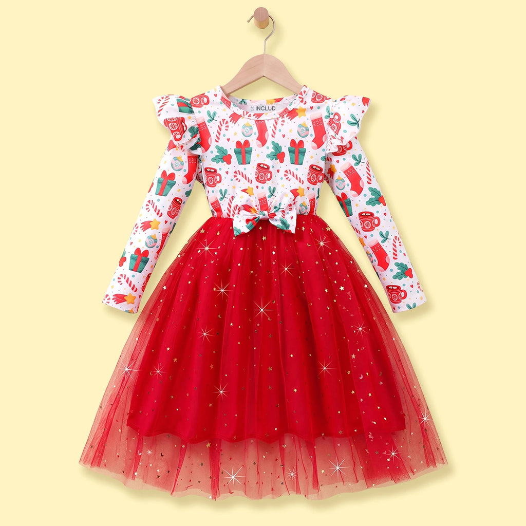 Girls Red Christmas Theme Printed Fit & Flare Dress Casual Dresses Red 3-4 Y