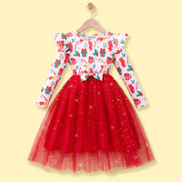 Girls Red Christmas Theme Printed Fit & Flare Dress Casual Dresses Red 3-4 Y