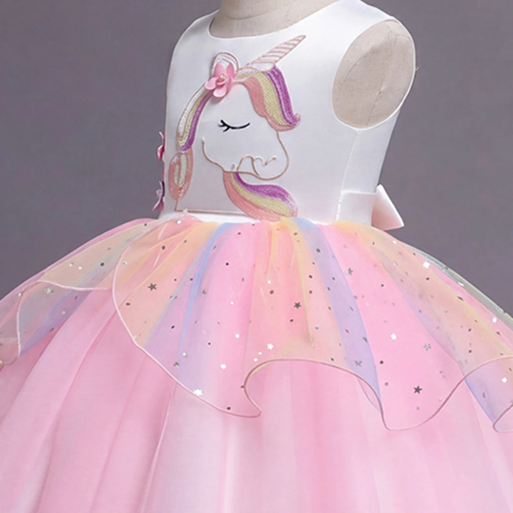 Girls Light Pink Unicorn Embroidered Sleeveless Fit & Flare Party Wear Dress Party Dresses