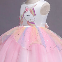 Girls Light Pink Unicorn Embroidered Sleeveless Fit & Flare Party Wear Dress Party Dresses