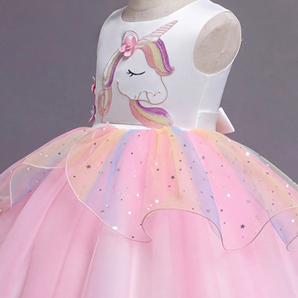 Girls Light Pink Unicorn Embroidered Sleeveless Fit & Flare Party Wear Dress Party Dresses