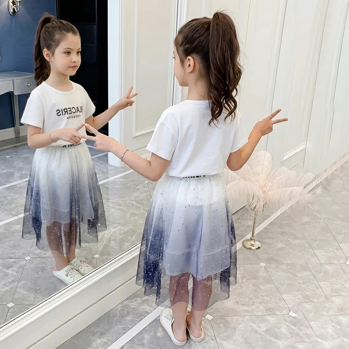 Girls White Planet Graphic Short Sleeve T-Shirt With Skirt Sets 2 pc. Sets