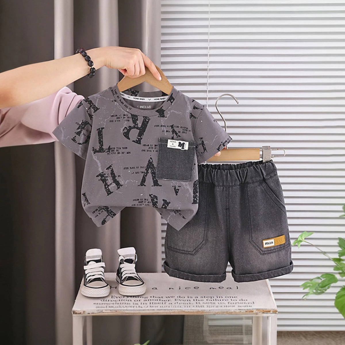 Boys Grey Typographic Printed Short Sleeve T-Shirt With Denim Shorts Sets 2 pc. Sets Grey 1-2 Y