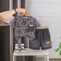 Boys Grey Typographic Printed Short Sleeve T-Shirt With Denim Shorts Sets 2 pc. Sets Grey 1-2 Y