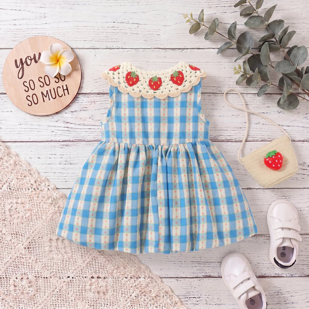 Girls Blue Strawberry Peter Pan Collar Balloon Dress With Bag Casual Dresses
