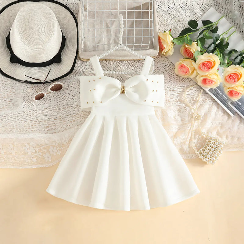 Girls White Sleeveless Fit & Flare Party Wear Dress With Elegant Bow Detail Party Dresses White 2-3 Y