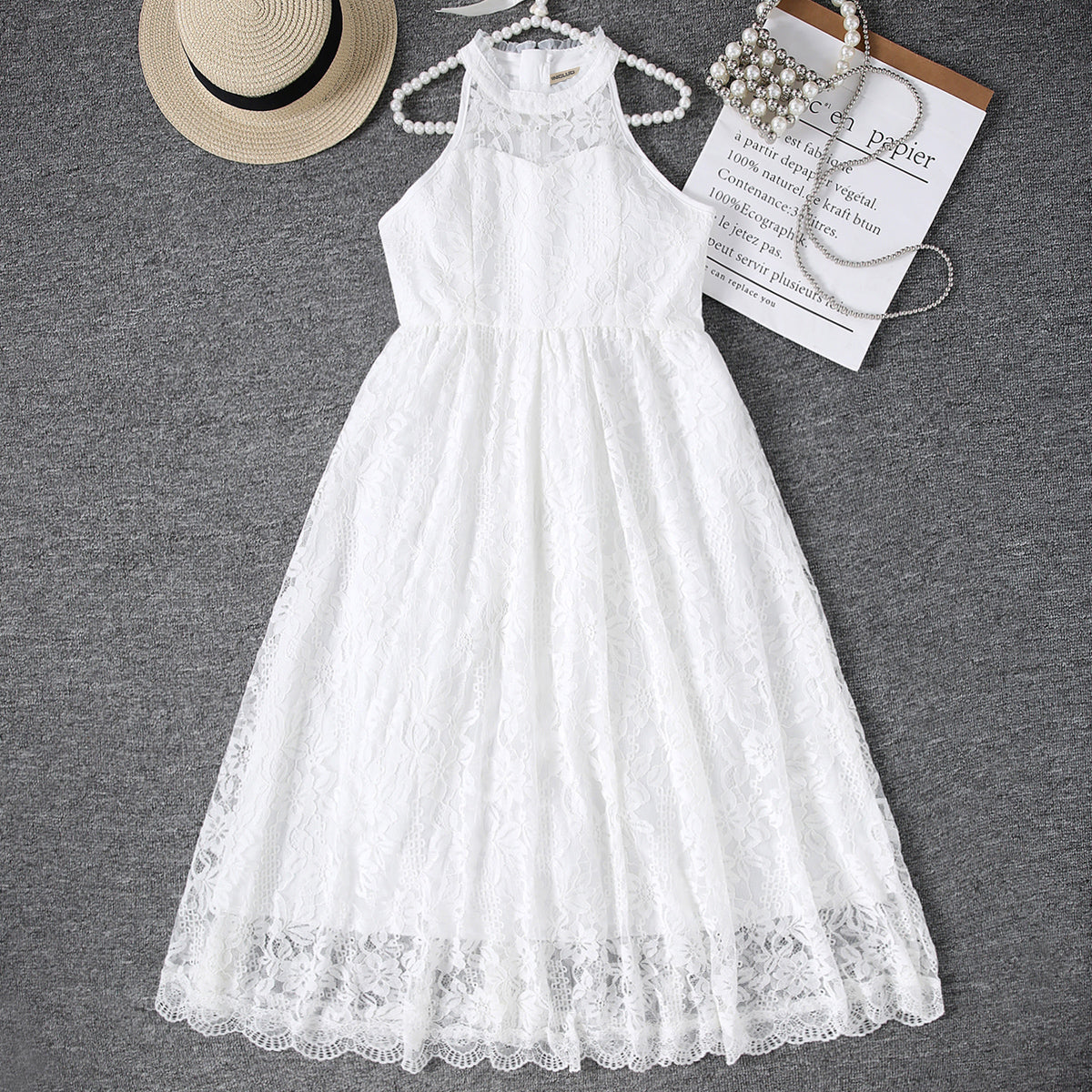 Girls White Halter Neck Embroidered Fabric Dress Casual Dresses White 12-13 Y