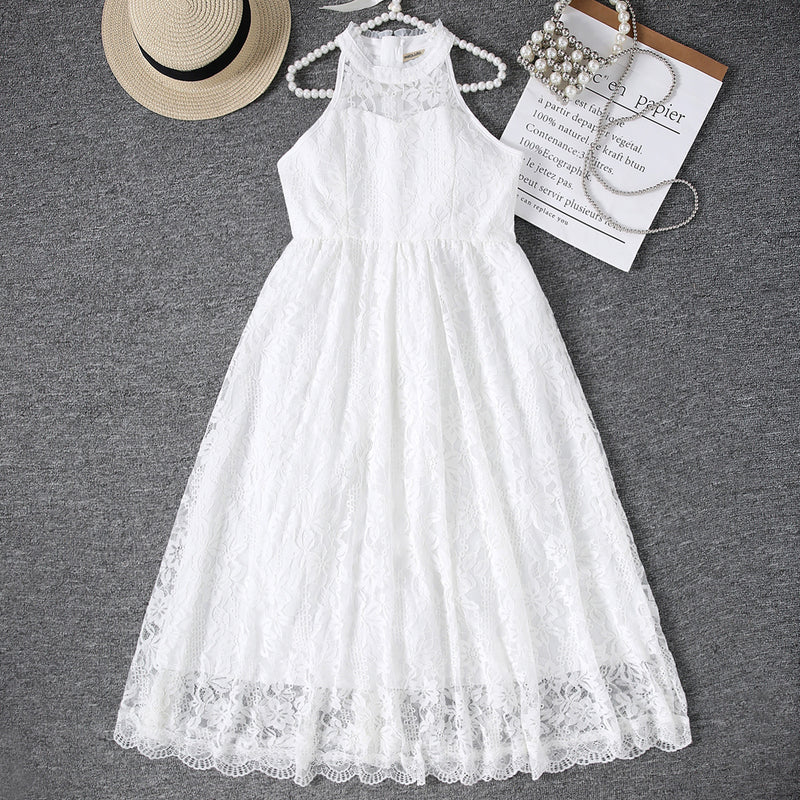Girls White Halter Neck Embroidered Fabric Dress Casual Dresses White 12-13 Y