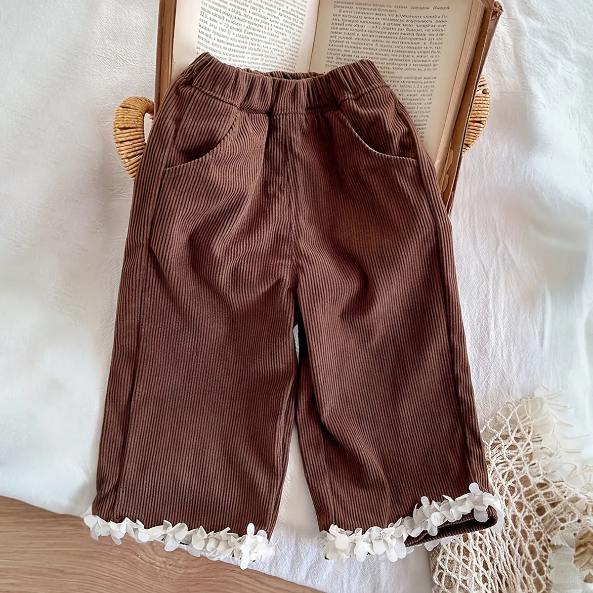 Girls Knitted Long Sleeves Top With Brown Corduroy Tiered Top & Pant Sets Sets