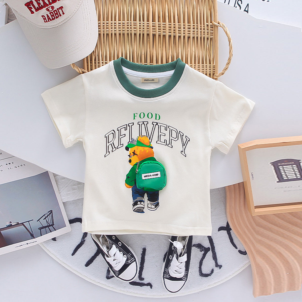 Boys Bag-pack Appliqued T-Shirt With Green Shorts Set 2 pc. Sets