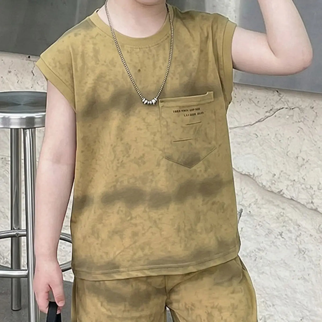 Boys Khaki Tie Dye Print Sleeveless T-Shirt & Shorts Co-ord Sets Sets
